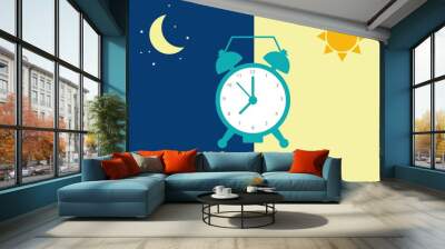 Day and night time concept. Alarm clock between night time side and day time side Wall mural