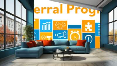 Referral Program Blue Orange Business Symbols Grid Top Text  Wall mural