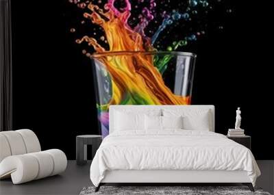 image of rainbow liquid splash emanating from a glass against a black background. Ensure the liquid appears to flow gracefully, with its colors spreading perfectly, creating a stunning and c Wall mural