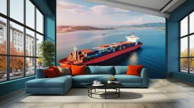 A cargo ship from aerial view taken by Drone Cargo ship is a ship or vessel that carries cargo goods and materials from one port to another. Copy space image. Place for adding text Wall mural