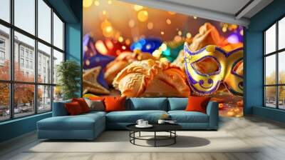 A festive Purim setting with hamantaschen cookies, a masquerade mask, and a noisemaker against a backdrop perfect for adding text or graphics - copy space image. Wall mural