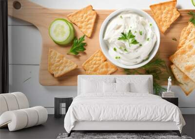 A fresh and light summer appetizer made with diet crisps bread fish preserves green onion and cream cheese beautifully presented on a white wood board in a flat lay style allowing for copy space in t Wall mural