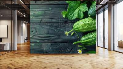 A fresh cucumber is placed on a rustic wooden surface for display. The vegetable is known for its low calorie content and high nutritional value, making it ideal for weight management. Green leaves Wall mural