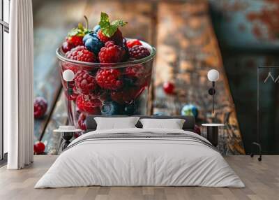 A glass containing berry compote placed on a wooden table featuring a textured napkin design Close up Copy space Wall mural