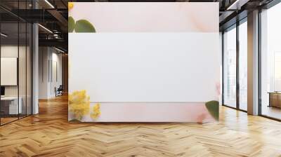 A greeting card mockup featuring a floral arrangement with pink and yellow hydrangea dahlias and eucalyptus allowing for a copy space image Wall mural