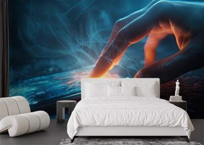 A hand is using a smartphone with a touch screen. Copy space image. Place for adding text and design Wall mural