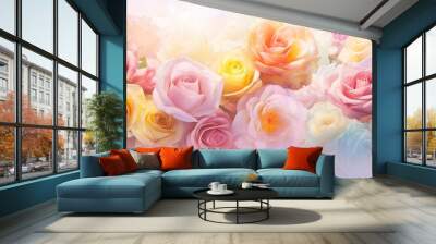 A pastel and soft floral card with delicate roses in full bloom is set against a festive background creating a summer inspired image with plenty of copy space Wall mural