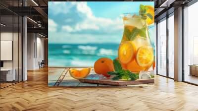 A refreshing pitcher of lemonade with oranges ice and mint leaves on a wooden table against a seaside backdrop providing a copy space image for products Wall mural