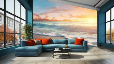 A scenic sunrise on the coast with the ocean shore bathed in the soft morning sunlight creating a beautiful landscape with a serene copy space image Wall mural