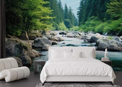 A serene mountain stream flowing rapidly in a pristine picturesque setting with a tranquil background and copy space image Wall mural