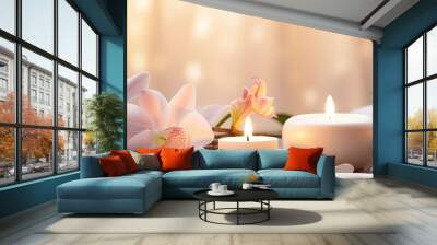 A soothing spa setup featuring flowers and lit candles against a bright backdrop perfect for use as a copy space image Wall mural