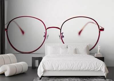 A stylish pair of burgundy metal glasses with clear lenses showcased on a white background displaying chic and contemporary eyewear design in a copy space image Wall mural