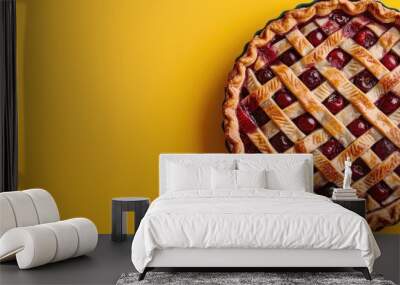 A tempting cherry pie seen from above rests on a yellow backdrop with a clear area for adding text or images known as copy space image Wall mural