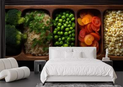 A top down view of a wooden kitchen tray displaying a combination of frozen raw vegetables and quinoa There is enough empty space for additional images or text Wall mural