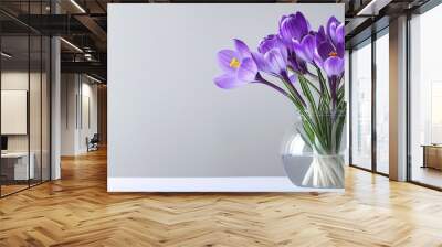 A vase filled with a beautiful arrangement of purple crocus flowers set against a white background perfect for a copy space image Wall mural