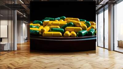 A wooden background with vivid green and yellow medicine pills or capsules arranged providing ample copy space for a prescription drug used as treatment medication The container holds pharmaceutical Wall mural