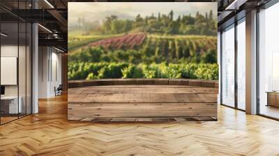 A wooden wine barrel and cutting board set against a scenic vineyard backdrop offering ample copy space image for food drink or product displays Wall mural