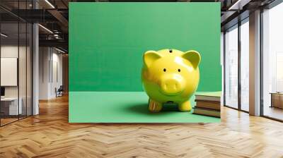 A yellow piggy bank sits next to a neatly stacked pile of books, symbolizing the concept of saving for college fees. The books, possibly textbooks, suggest education and academic pursuits. Wall mural