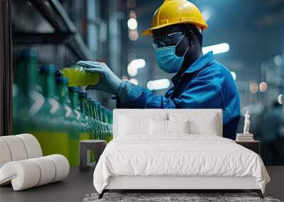 African male factory worker wearing medical mask picking up green juice bottle or basil seed drink for checking quality in beverage factory. Copy space image. Place for adding text Wall mural