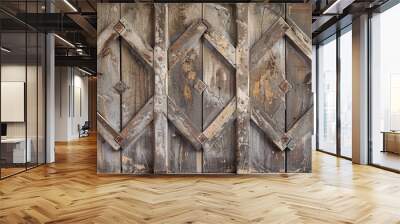 An aged wooden wall with deteriorating plaster adorned with wooden battens and a geometric rhombus pattern wallpaper offering copy space for a vintage texture Wall mural