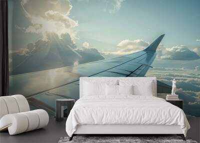 An image capturing a detailed view of an airplane s wing from a low angle with copy space image available Wall mural