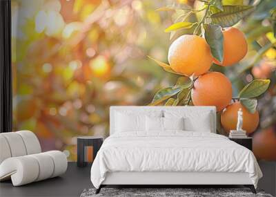 An orange plant in an orchard displays hanging oranges on a branch, capturing the essence of a Vitamin C-rich fruit, in a photo with selective focus on the fruit, providing ample copy space image. Wall mural