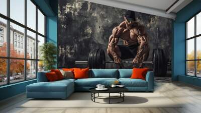 Attractive shirtless man in cap is doing lunge with barbell at dark photo studio. Copy space image. Place for adding text Wall mural