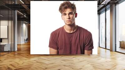 Attractive young man wearing a fashionable t shirt isolated on white. Copy space image. Place for adding text and design Wall mural