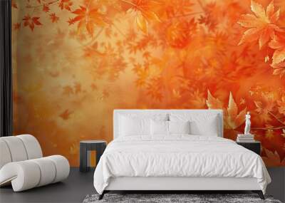 Autumn maple leaves on an orange natural backdrop Indian summer fall colors Warm days of the autumn season. Copy space image. Place for adding text and design Wall mural