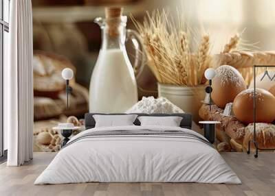 Bakery items flour eggs milk Selective focus copyspace Wall mural