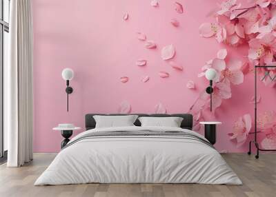 Beautiful arrangement of flowers Pink blossoms on a pastel pink backdrop Perfect for Valentine s Day Easter birthdays International Women s Day and Mother s Day Flat lay top view copyspace Wall mural