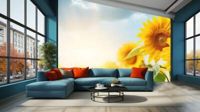 Beautiful landscape with sunflowers in a field creating a yellow flower background offering a romantic view in a park during the summer season on a sunny day ideal for a nice holiday with a copy space Wall mural