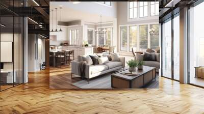 Beautiful living room interior in new luxury home with view of kitchen Home interior with hardwood floors and open floor plan showing dining room kitchen and living room Has high vaulted ceilin Wall mural