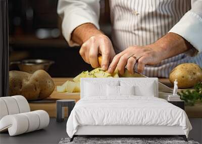 Before preparing the national dish the chef cuts raw potatoes into small pieces with a knife Close up of a cook hands while working in a restaurant kitchen. Copy space image Wall mural