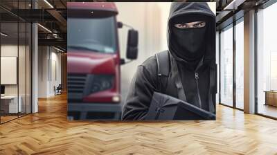 Black courier man delivering package in front of cargo truck wearing safety mask Focus on face. Copy space image. Place for adding text Wall mural