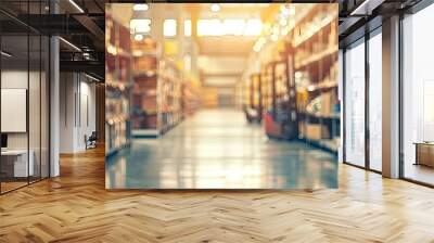 Blurred large hardware store with forklift. Defocused interior home improvement retailer warehouse with racks of tool, building material for house repair. Inventory, wholesale concept Wall mural