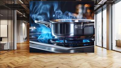 Boiling water on an induction stove in a kitchen Copy space image Place for adding text or design Wall mural