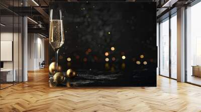 Champagne in clear glasses alongside a bottle New Year s ambiance Christmas celebrating joyful holidays top food background copy space Wall mural