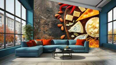 Cheese platter featuring Parmesan cheddar gouda mozzarella and others accompanied by chili pepper and almonds arranged on a wooden board with a space for text Delicious appetizers Top view Copy space Wall mural