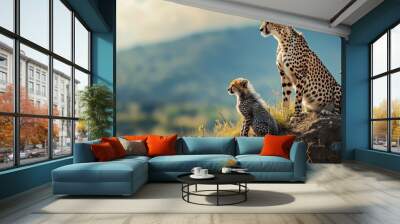 Cheetah and cubs look left on mound. Copy space image. Place for adding text Wall mural