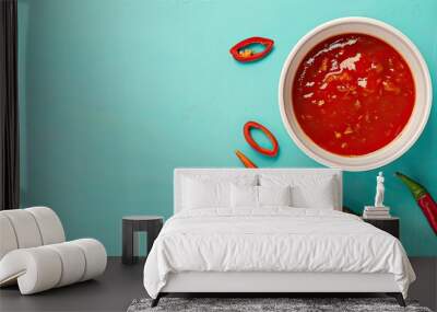 Chilli sauce in white cup. pastel background  Food  Isolated. Copy space image. Place for adding text and design Wall mural