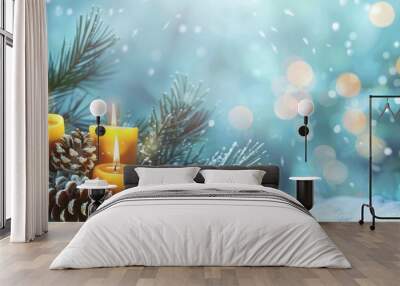 Christmas candles background for Christmas and New Year celebrations winter season. Copy space image. Place for adding text and design Wall mural