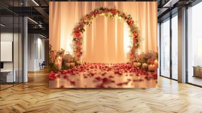 circle wedding arch with flower petals and candles. Copy space image. Place for adding text or design Wall mural