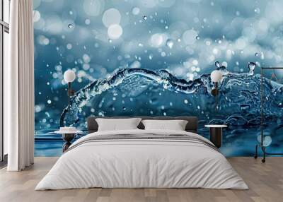 clear flowing water texture featuring drops set against a blue background. Copy space image. Place for adding text and design Wall mural