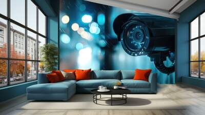 Close up of a CCTV camera with a blurred background featuring copy space Wall mural