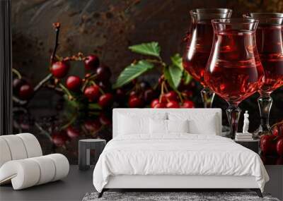 Close up of cherry liqueur in glasses with berries on a black table perfect for adding text with a copy space image Wall mural