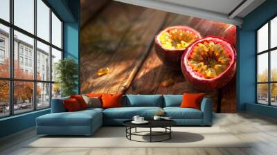 Close up of fresh juicy passion fruit on a wooden table background. Copy space image. Place for adding text and design Wall mural