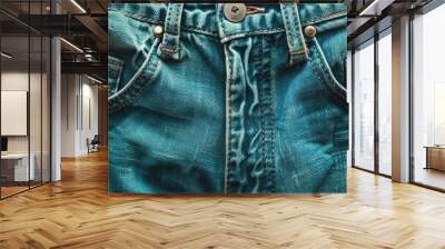 Close up shot of turquoise jeans showcasing front and small pockets button details and seams perfect for fashion business and shopping presentations with ample copy space image Wall mural