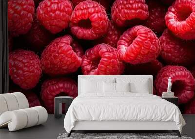 Close up top view of a delicious raspberry heap forming a textured background with copy space image Wall mural