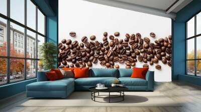 Coffee beans arranged in a border with a white background creating a top view image with copy space Wall mural